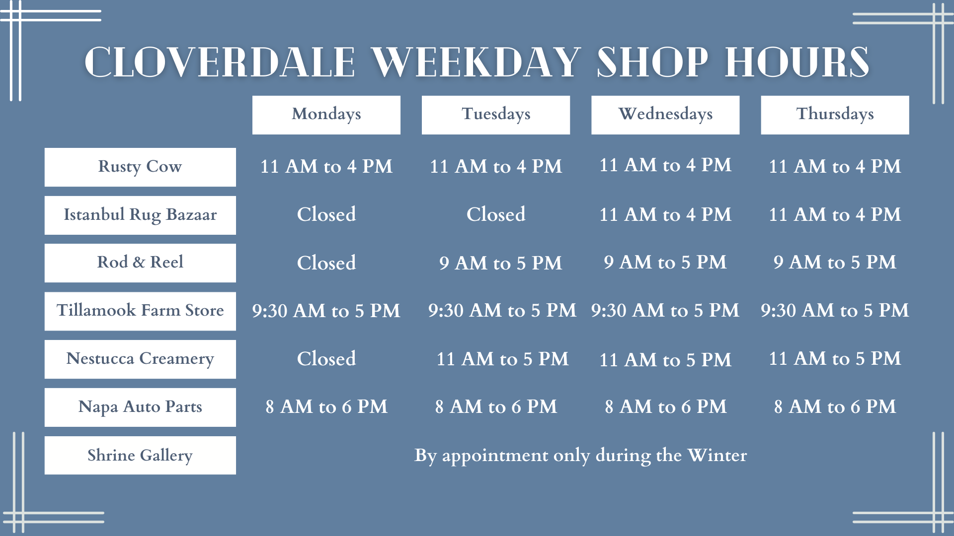 Cloverdale Oregon Shops and Hours Weekdays