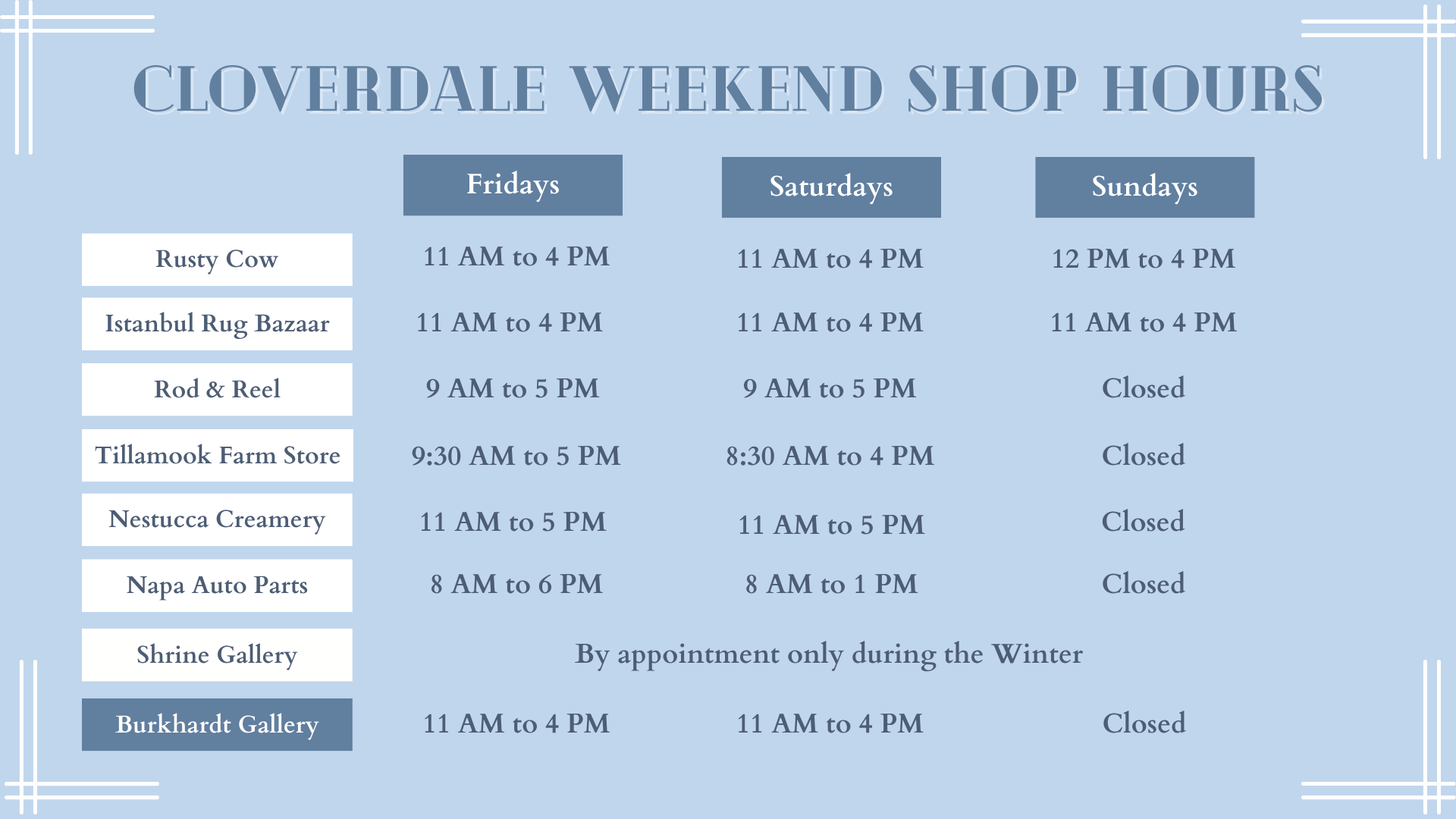 Cloverdale Oregon Shops and Hours Weekends