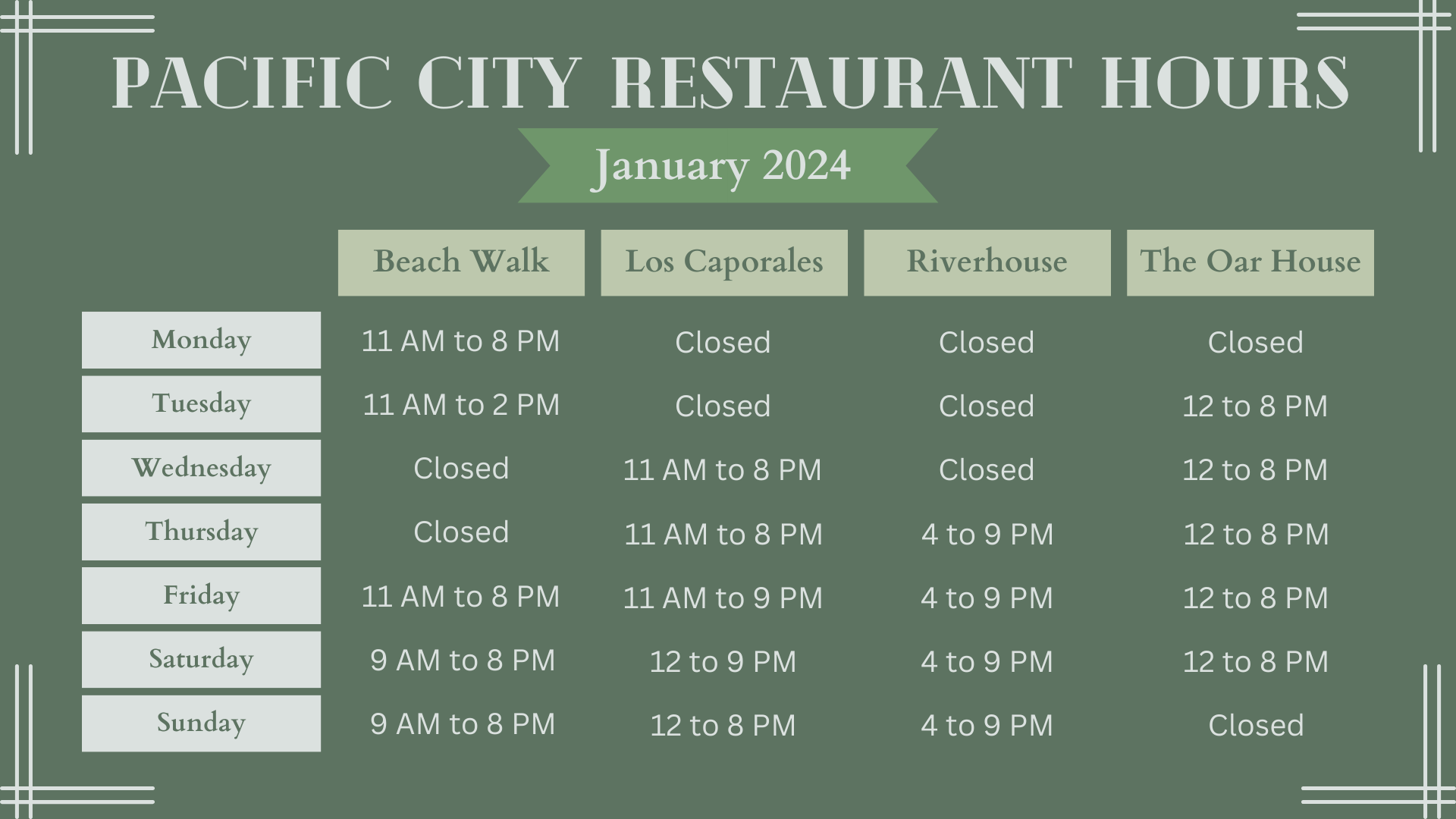 Pacific City Restaurant Hours – January 2024