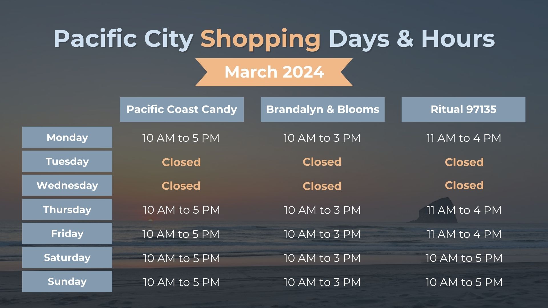 Pacific City Shops Days and Hours