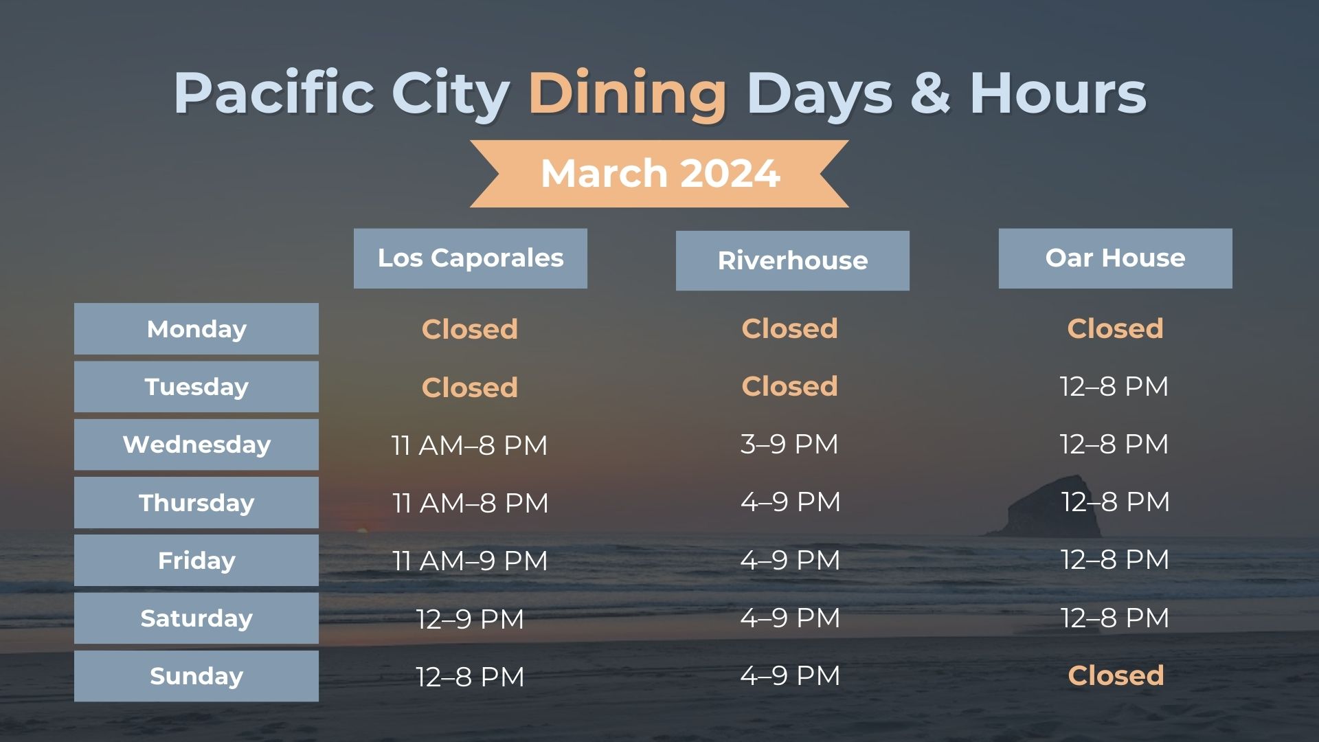 Pacific City Restaurants and Hours
