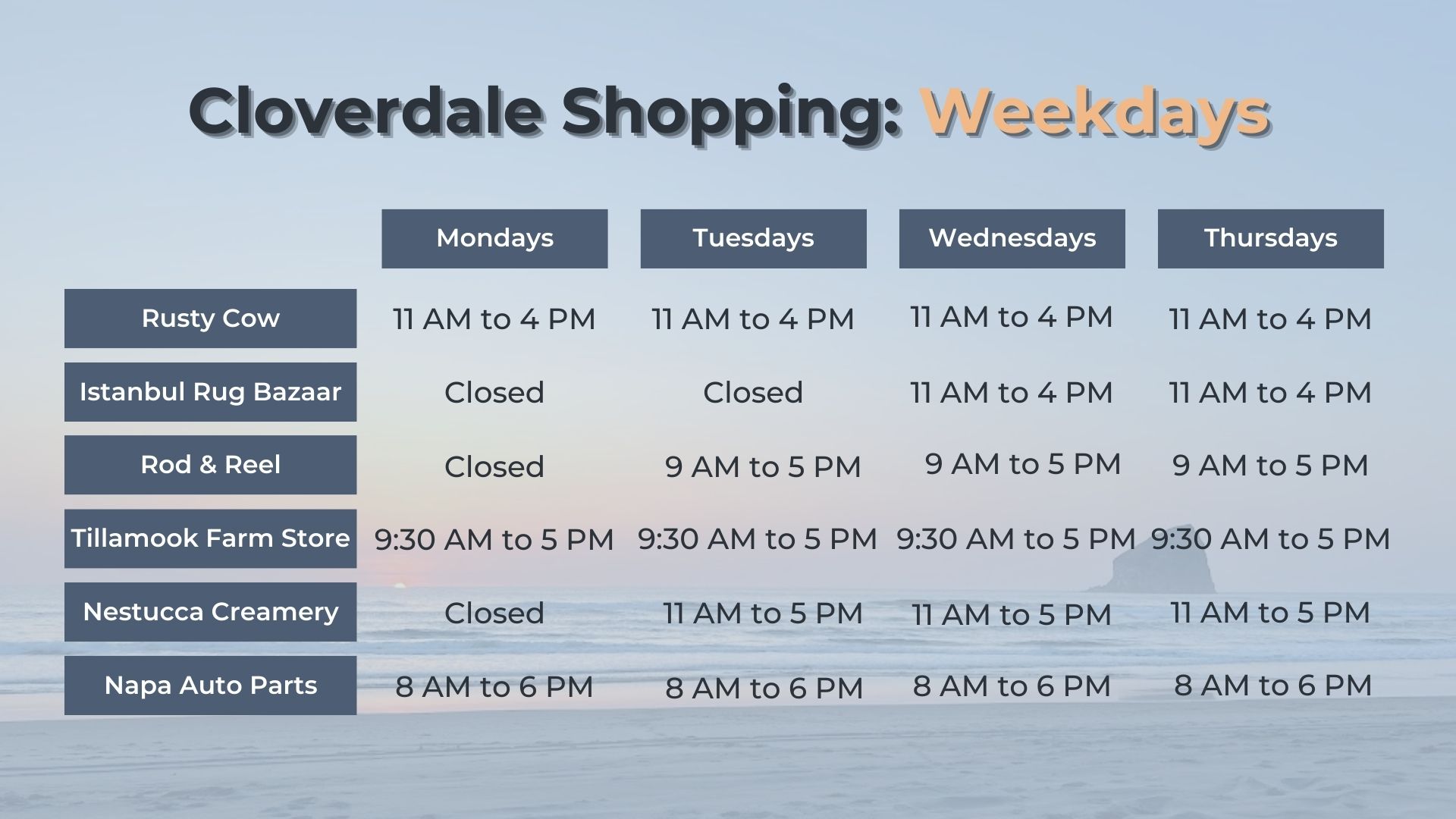Cloverdale Shops Weekday Hours